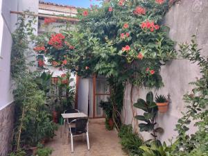 a patio with red flowers and a table and chairs at LA POSAINA in Serradilla