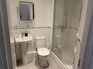 a bathroom with a toilet and a sink and a shower at Flat 60, Longborn in Windsor