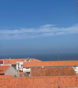 einen Blick auf die Dächer von Gebäuden mit dem Meer im Hintergrund in der Unterkunft casa hilario in Nazaré