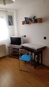 Zimmer mit einem Tisch und einem blauen Stuhl in der Unterkunft Kellergeschoss Wohnung Moto GP Wochenende in Kraubath an der Mur