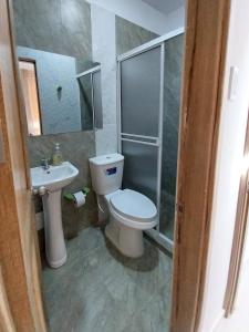 a bathroom with a toilet and a shower and a sink at Cabañas Berakah in Coveñitas