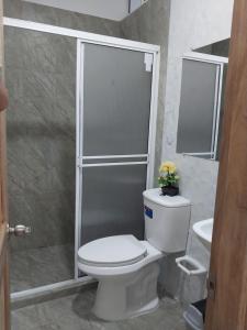 a bathroom with a toilet and a shower at Cabañas Berakah in Coveñitas