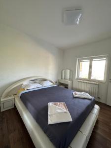 a bedroom with a large bed with a blue blanket at Vila Jovanka in Tivat