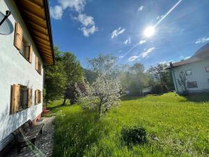 a house with a grassy yard with the sun in the sky at Villa Carmen in Bichlbach