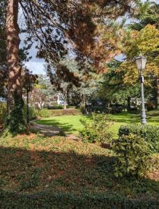 einen Park mit einem Lichtmast, Bäumen und Gras in der Unterkunft Schöne Gartenwohnung Düsseldorf in Düsseldorf