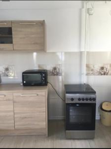 a kitchen with a stove and a microwave at Vila Mara in Costinesti