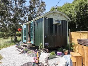 a green tiny house in a backyard with potted plants at Two Moors Shepherds Hut in Exeter