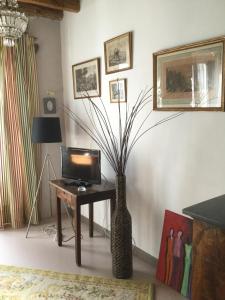 une chambre avec une table, une télévision et un vase dans l'établissement La ferme de Félix, à La Chaze-de-Peyre