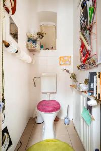 a small bathroom with a toilet with a pink seat at FRO-MEDIA - Streetside Room 2 - Community Space in Vienna