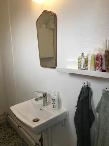 La salle de bains est pourvue d'un lavabo et d'un miroir mural. dans l'établissement Cutest annex - close to Heatherhill and sea :-), à Vejby