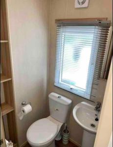 a small bathroom with a toilet and a sink at Beautiful 3 bed Static Caravan with Snowdon views in Caernarfon in Caernarfon