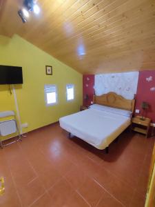 1 dormitorio con 1 cama grande y TV de pantalla plana en Casa Rural Los Riscos de Gredos, en Hoyos de Miguel Muñoz