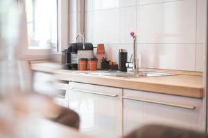 a kitchen with a sink and a counter top at Das CRAZY MONKEY LOFT mit 100qm & Summerlounge in Stuttgart