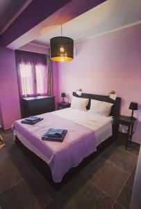 een slaapkamer met een groot bed met paarse muren bij Elpida Suites in Nea Iraklia