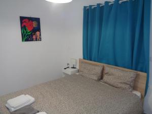um quarto com uma cama com uma cortina azul em La casetta em Roda