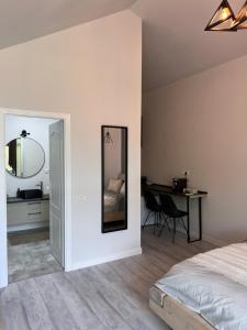 Schlafzimmer mit einem Bett, einem Spiegel und einem Schreibtisch in der Unterkunft Tinutul Luanei Village in Bozioru