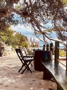 a wooden bench sitting under a tree next to the ocean at Old Town Arbia in Rab +8 photos