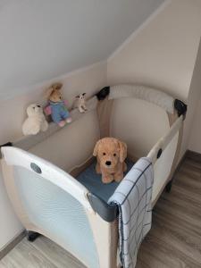 a teddy bear sitting in a crib with stuffed animals at Apartament Słowińców 61 in Wejherowo