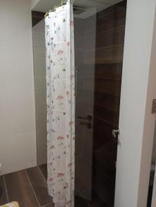 - un rideau de douche avec des fleurs dans la salle de bains dans l'établissement AN Jezero-Apartman Jaki 12, à Vrnjačka Banja