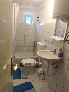 La petite salle de bains est pourvue de toilettes et d'un lavabo. dans l'établissement Apartman Mely, à Kulen Vakuf