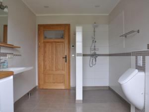 a bathroom with a shower and a toilet and a door at Ferienhaus Spreewaldhof am Wasser "Das Landhaus" in Raddusch