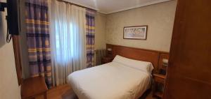 a small bedroom with a bed and a window at Hotel Gomar in San Martín de Moncayo
