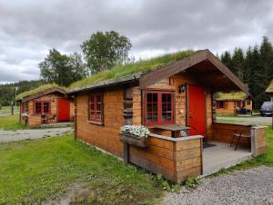 a log cabin with a grass roof and a grill at Halland Camping in Berkåk