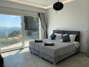 a bedroom with a bed and a large window at RIZARIA sea view house in Spartýlas