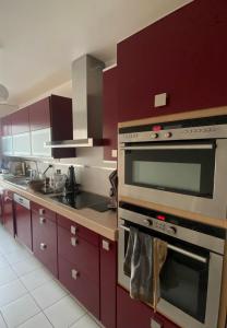 a kitchen with purple cabinets and a stove top oven at Grand appartement luxueux, calme et sûr in Paris