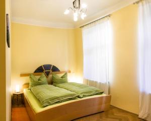 una camera da letto con letto con lenzuola verdi e finestra di Gabriele´s Apartment a Vienna