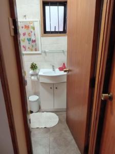 a small bathroom with a sink and a toilet at Cabañas familiares in Valdivia