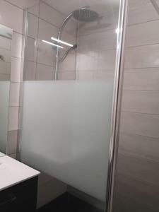 a shower with a glass door in a bathroom at Au pied des pistes avec parking Entièrement rénové in LʼHuez +31 photos