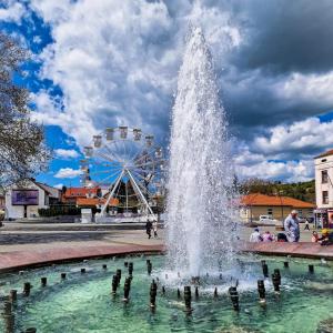 a water fountain in front of a ferris wheel at Apartmani Sarah 4 Tuzla in Tuzla