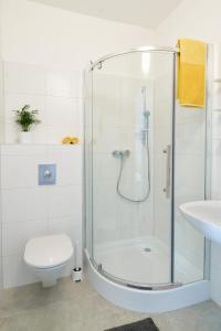 La salle de bains est pourvue d'une douche, de toilettes et d'un lavabo. dans l'établissement WeinlandMotel, à Ebenthal
