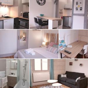 un collage de fotos de una cocina y una sala de estar en Le Vaillant, appartement T2, proche gare, hyper-centre et marais, 1 à 2 personnes, WIFI, en Bourges