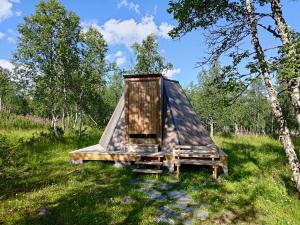 a small house with a tin roof in a field at Aurora Cone in Kiruna