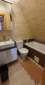 a bathroom with a toilet and a sink and a bath tub at ŠILAINIŲ APARTAMENTAI in Kaunas