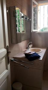a bathroom with a sink and a mirror at Mare è Monte , jardin méditerranéen et exotique. in Ghisonaccia