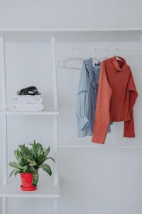 un estante con un suéter rojo y una chaqueta y una planta en El garage en Esquel