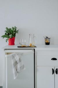 een witte toonbank met een plant erop bij El garage in Esquel +3 foto's