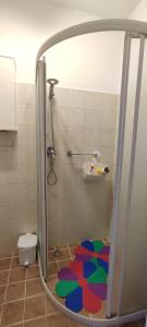 a bathroom with a shower with a colorful rug on the floor at Tana di Zia Nature, Yourself, Love in Viggianello