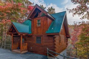 une cabane dans les bois avec un toit vert dans l'établissement Beary Cozy Cabin, à Sevierville