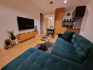 Il comprend un salon avec un canapé bleu et une cuisine. dans l'établissement Premium Apartments Rzeszów Gold, à Rzeszów