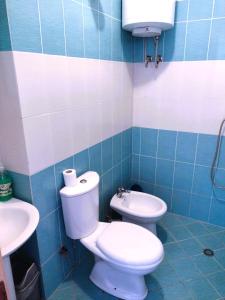 een blauwe en witte badkamer met een toilet en een wastafel bij Rexhina Apartments in Durrës
