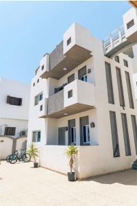 a white building with palm trees in front of it at Elite Residence Dahab in Dahab