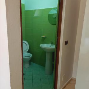a green bathroom with a toilet and a sink at Hotel Eno in Përmet