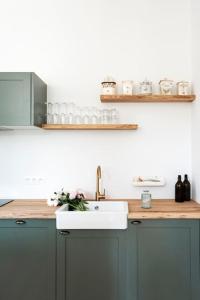 eine Küche mit blauen Schränken und einem weißen Waschbecken in der Unterkunft La Maison du Rivage in Dinant