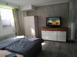 a bedroom with a bed and a television on a dresser at Doja Medical Wellness Center in Bernburg