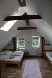 Schlafzimmer im Dachgeschoss mit 2 Betten und 2 Fenstern in der Unterkunft Apartmán Pod střechou - Jelení chata Skladanka in Lučany nad Nisou
