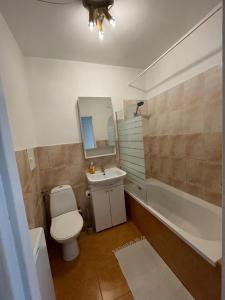 a bathroom with a toilet and a sink and a tub at Apartament Bea Mar in Gdynia